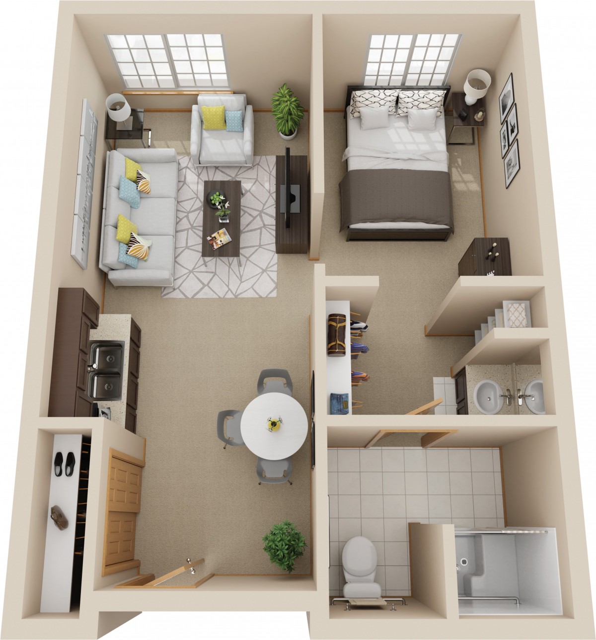 A 3D floor plan of a one-bedroom apartment featuring a living room, kitchen, and bathroom.