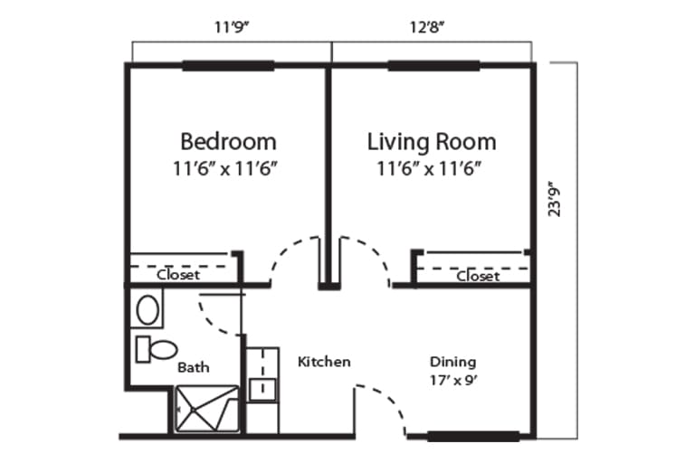 A floor plan of an apartment featuring a bedroom, living room, kitchen, dining area, and bathroom.