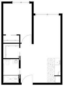 A simple floor plan of an apartment featuring a kitchen, bathroom, and main living area.