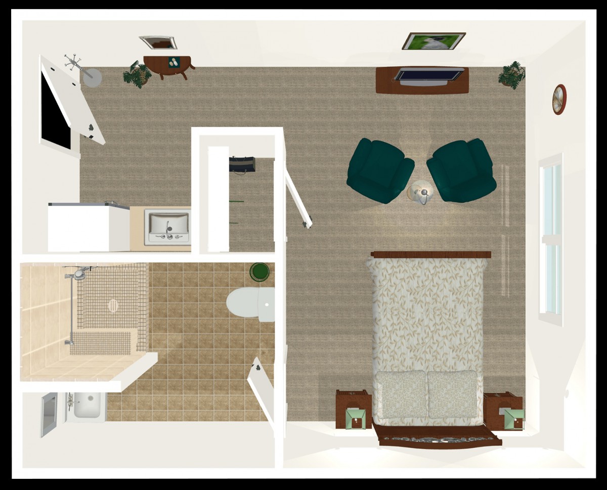 A floor plan depicting a bedroom with an attached bathroom, displaying furniture placement and room layout.