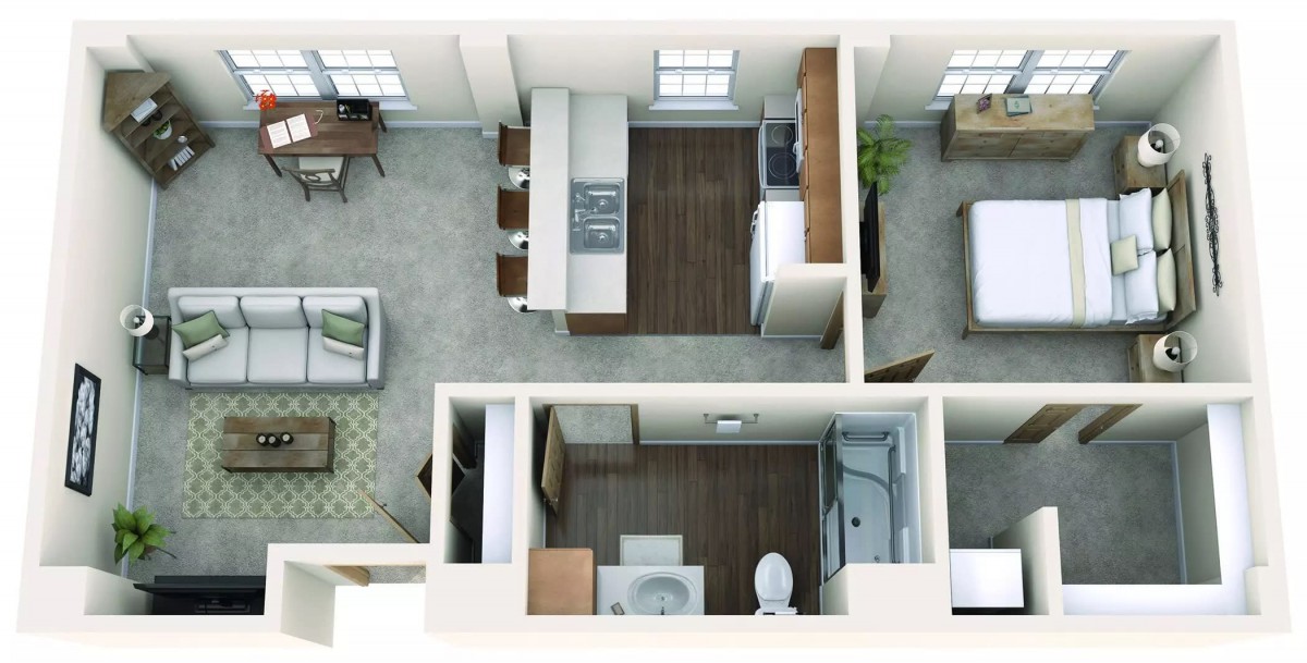 A 3D floor plan of a one-bedroom apartment with a kitchen, living room, and bathroom.