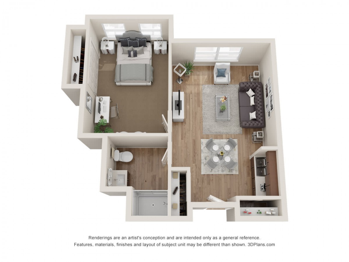 A 3D rendering of a one-bedroom apartment floor plan, featuring a living room, kitchen, bathroom, and bedroom.