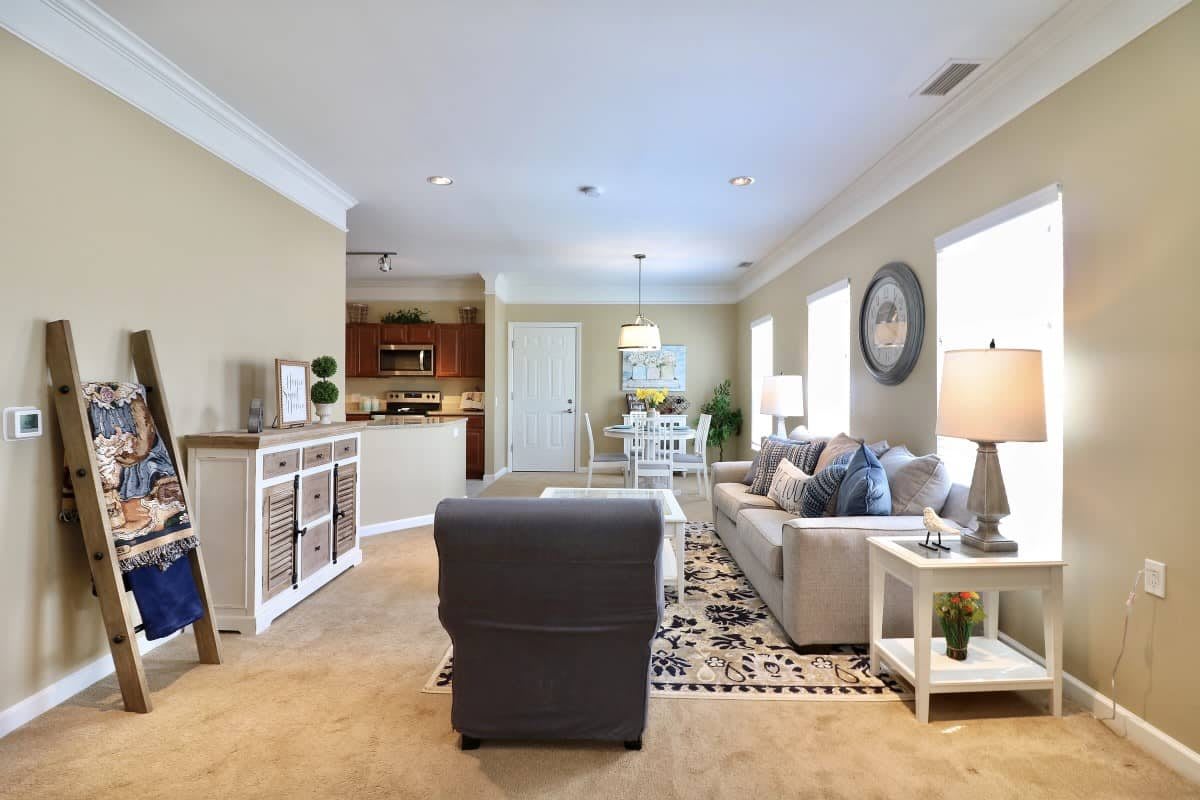 A cozy, well-decorated living room with comfortable seating and stylish decor.