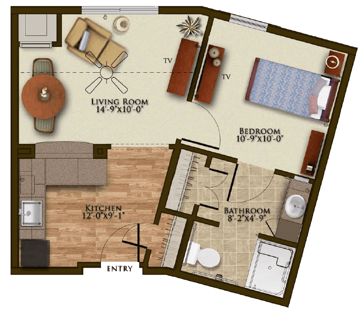 A detailed floor plan of a one-bedroom apartment featuring a living area, kitchen, and bathroom.