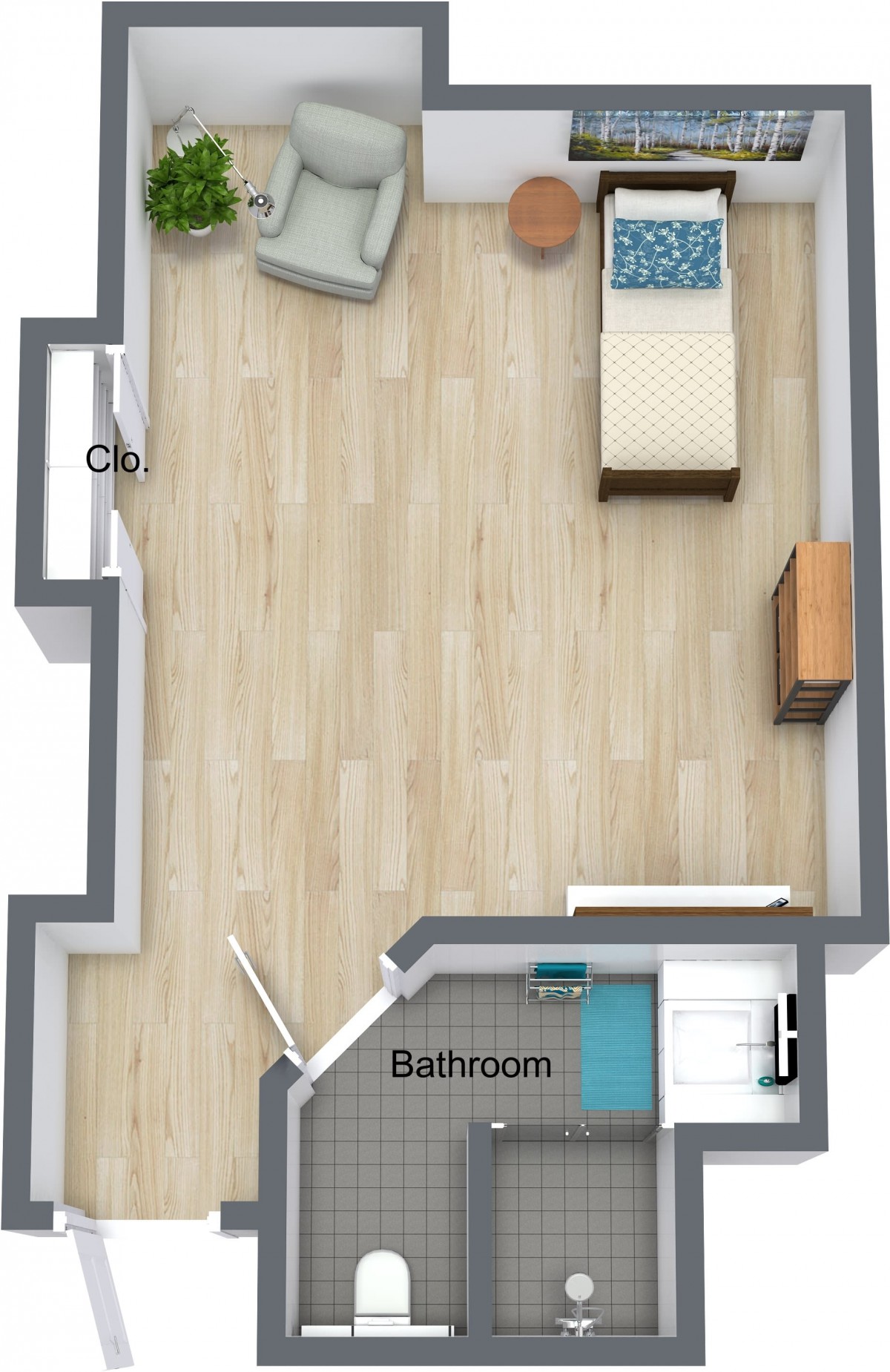 Floor plan of a compact apartment with a living area and bathroom.
