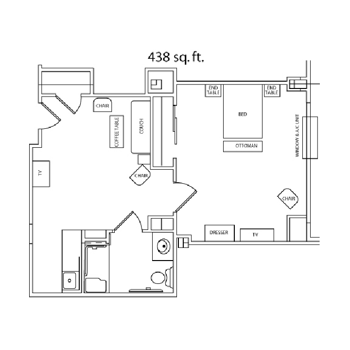 A floor plan of a 438 sq ft studio apartment, showing the layout of rooms and furniture.