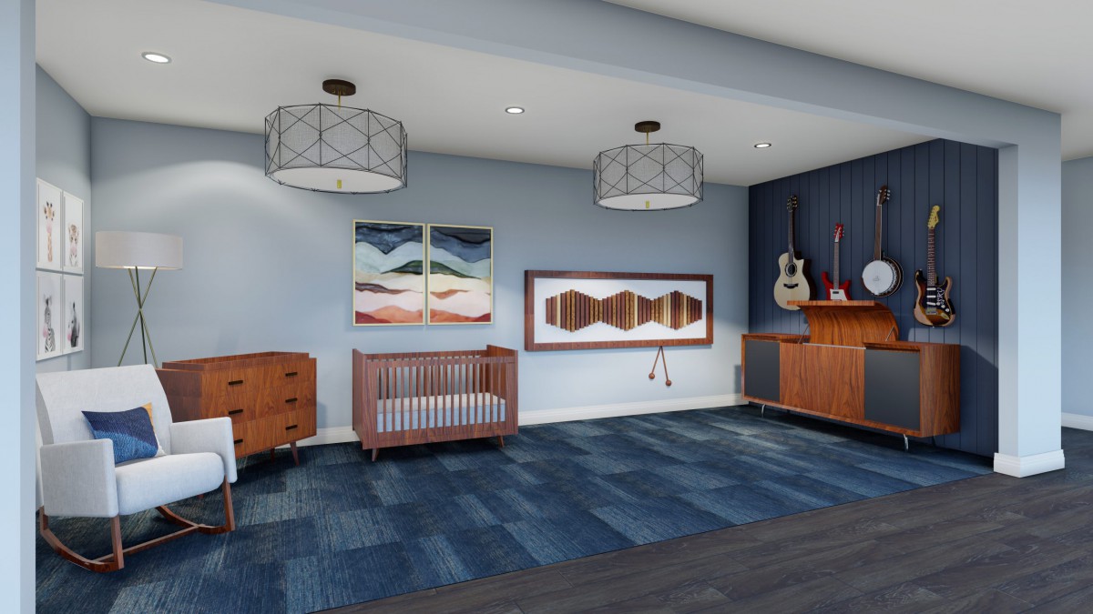 A modern nursery with a crib, stylish furniture, and decorative wall art, including guitars and contemporary lighting.