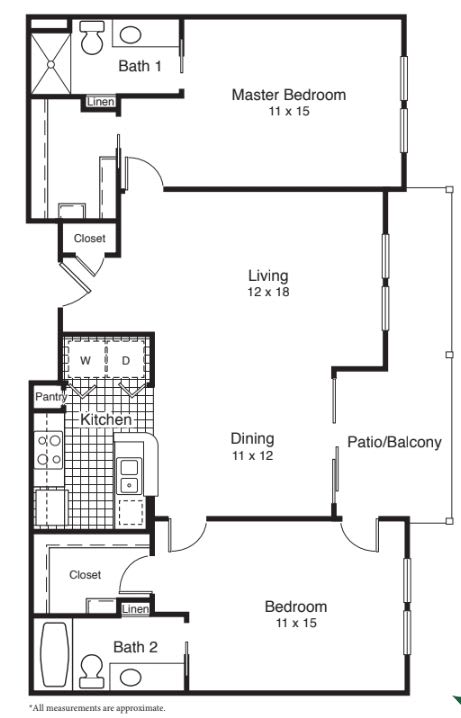 A simple one-bedroom apartment floor plan layout.