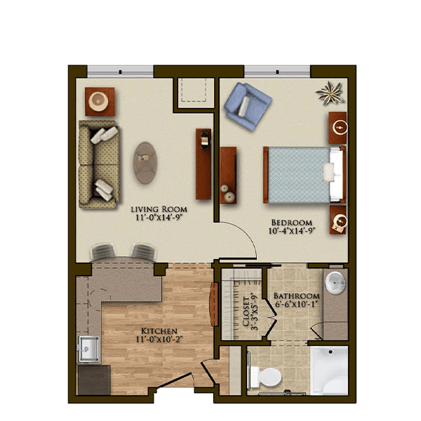 A floor plan of a one-bedroom apartment featuring a living room, kitchen, and bathroom.