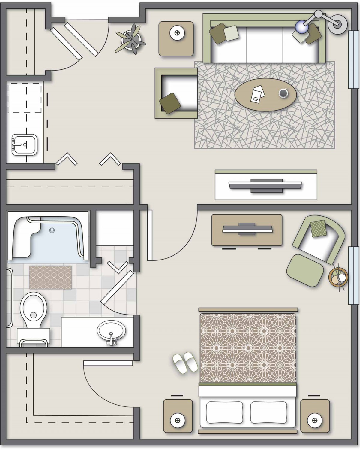 An illustrated floor plan of an apartment, showcasing the layout of rooms and furniture placement.