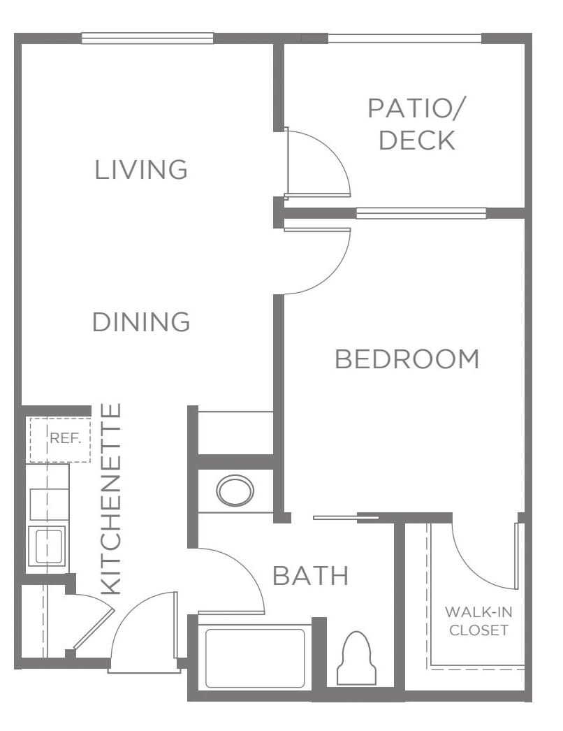 A floor plan layout of a one-bedroom apartment with a kitchenette, living and dining area, bathroom, walk-in closet, and patio/deck.