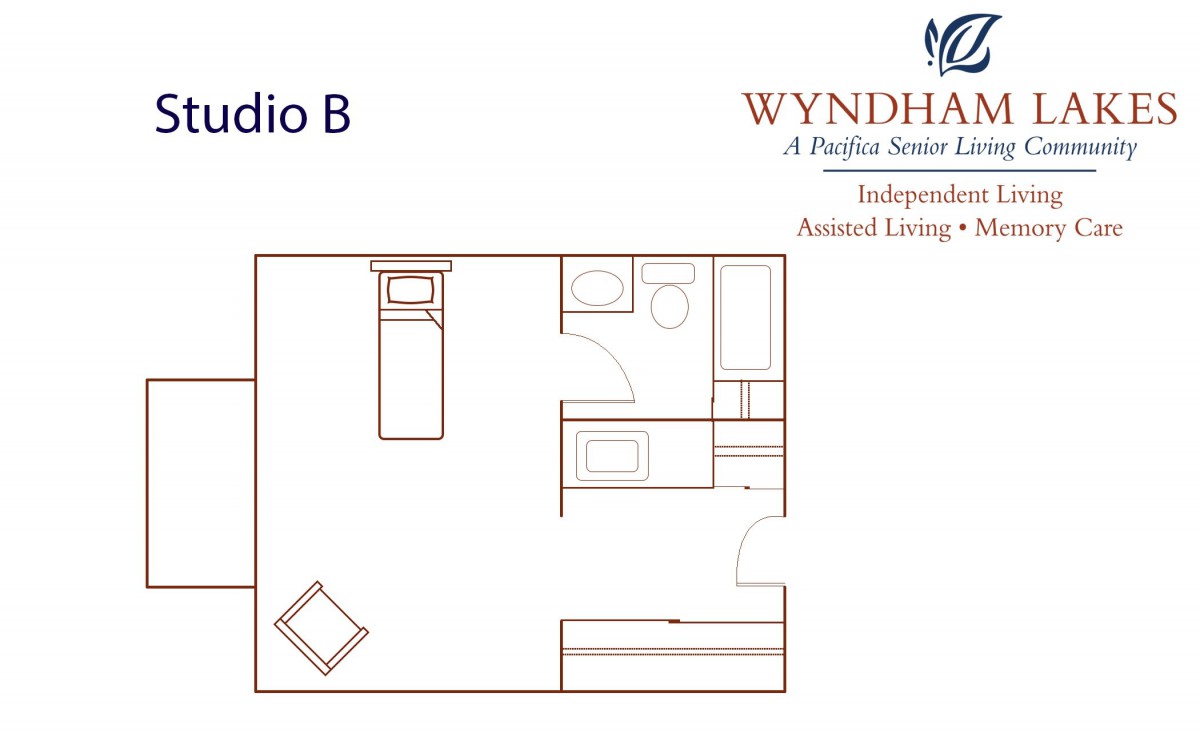 Floor plan of a Studio B layout at Wyndham, showcasing the arrangement of living spaces.