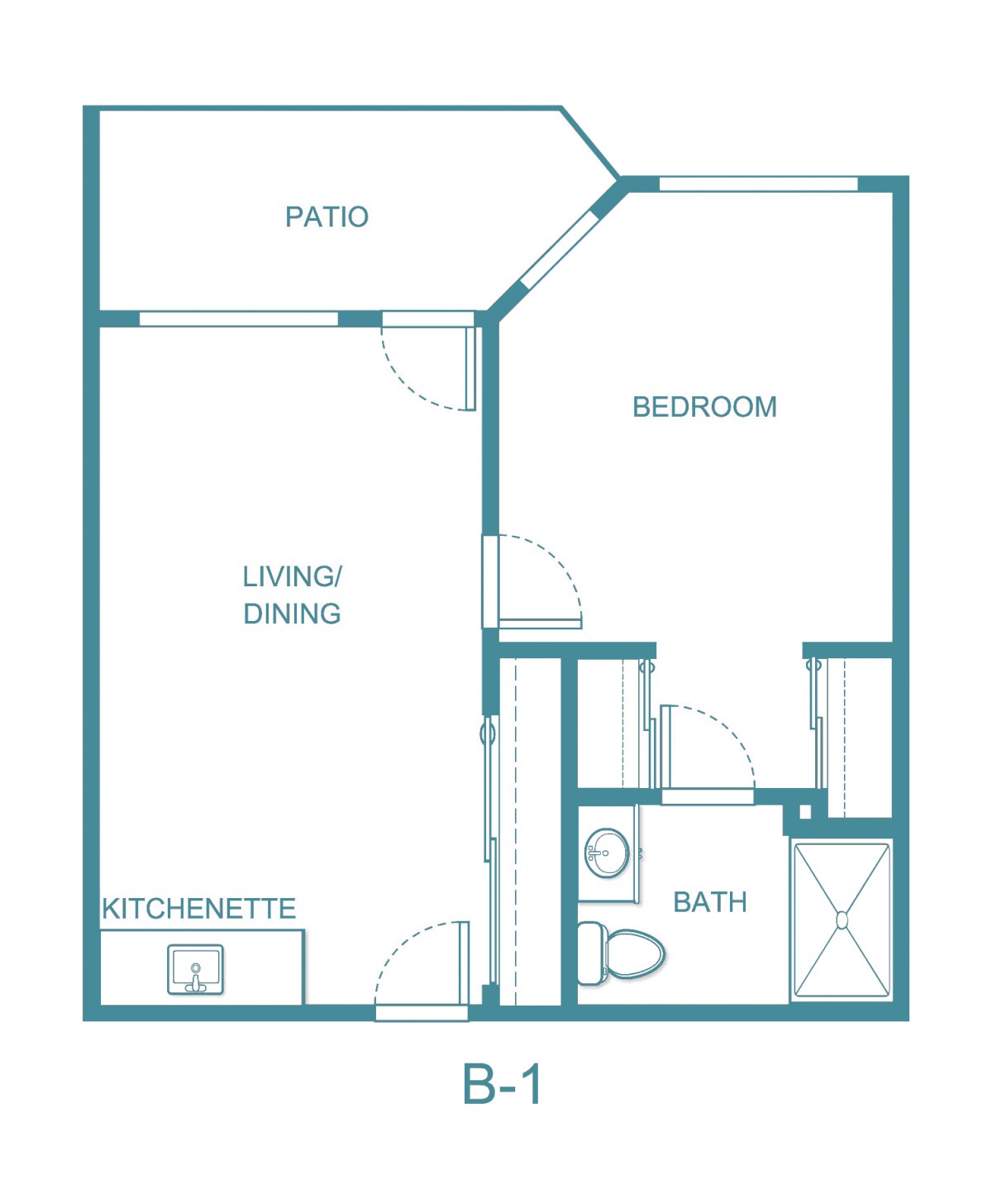 A one-bedroom apartment floor plan with a living/dining area, kitchenette, bathroom, bedroom, and patio.