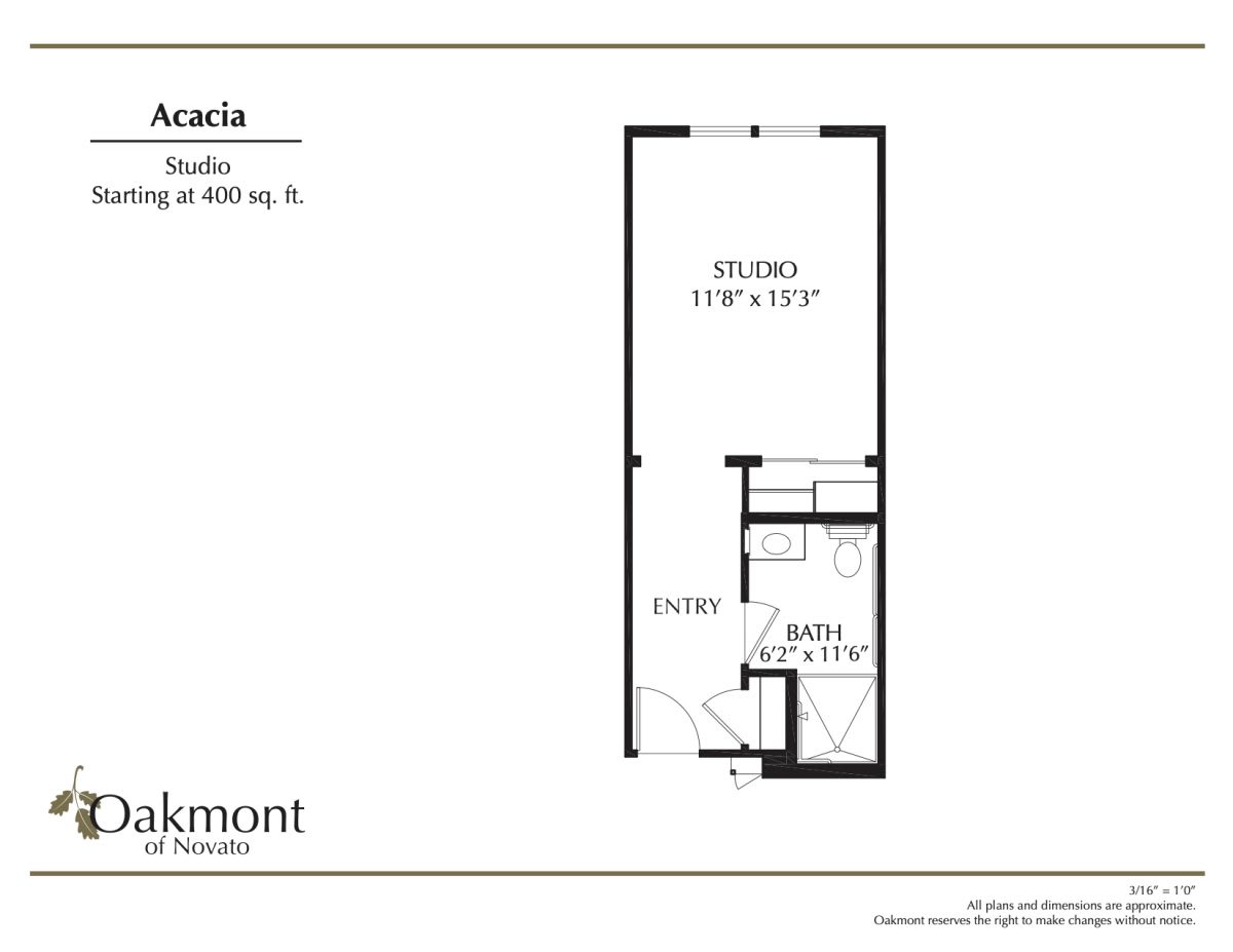 A floor plan of a studio apartment with designated living and bathroom areas.