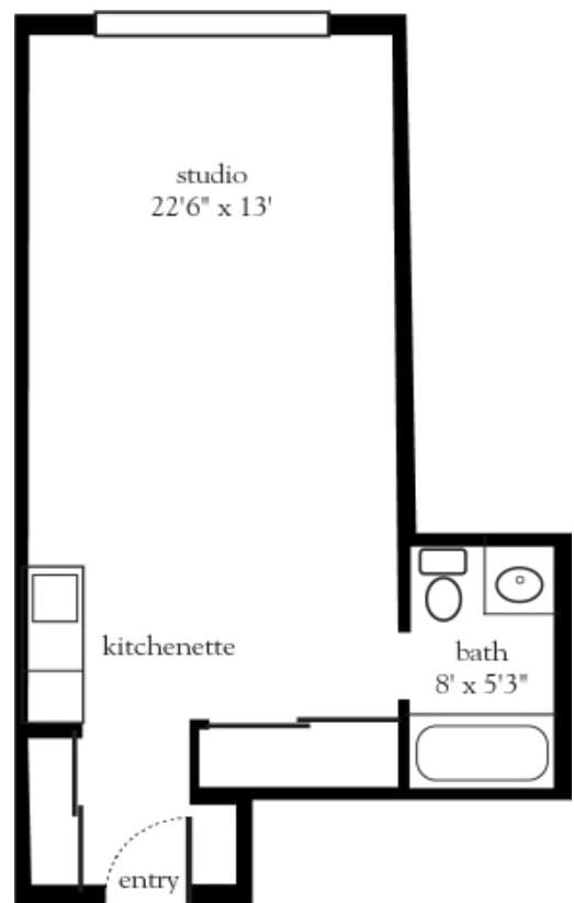 Floor plan of a studio apartment with kitchenette and bathroom.