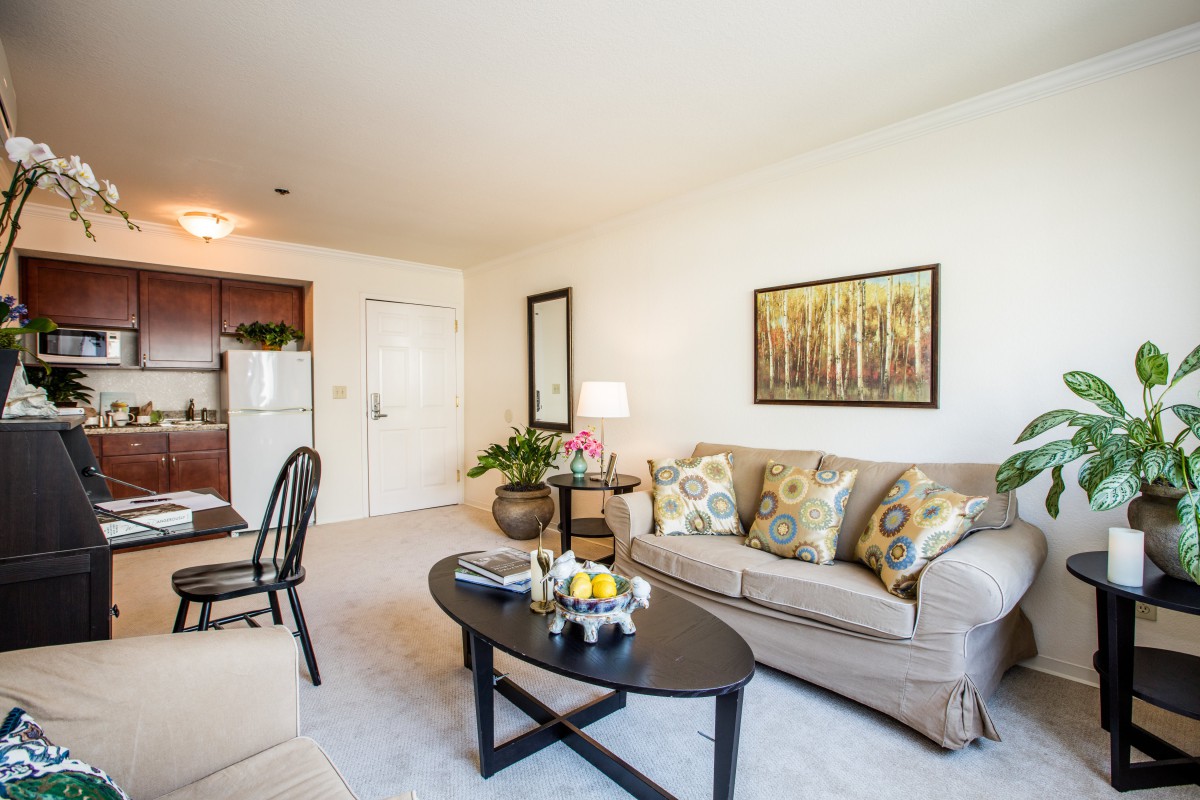 A cozy living room featuring a sofa with patterned cushions, a coffee table with decor, and wall art in a bright apartment.