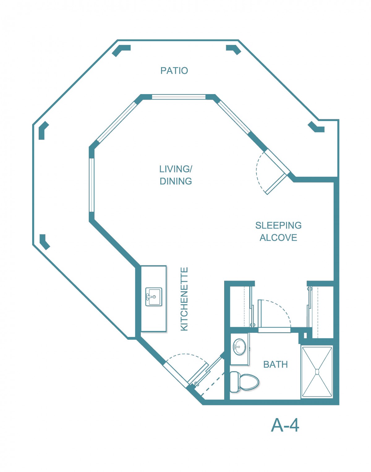 A floor plan of an apartment with a living area, sleeping alcove, kitchen, and bathroom.