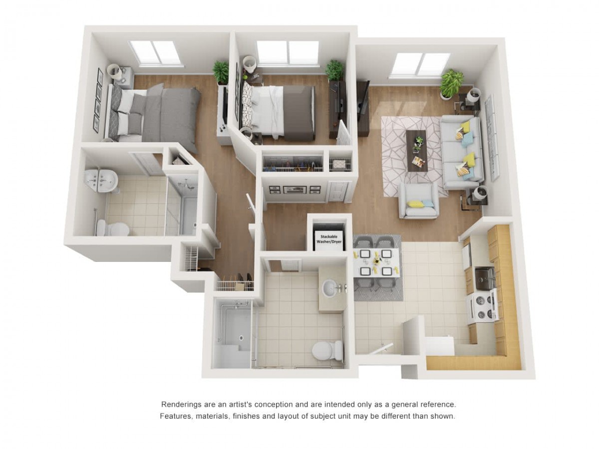 A 3D rendering of a two-bedroom apartment floor plan showcasing the layout of rooms.