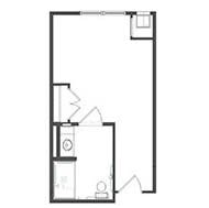 A simple floor plan of a studio apartment featuring a bathroom and kitchen area.