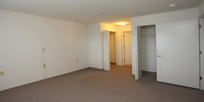 An empty room with carpet flooring, featuring an open closet and a doorway leading to another space. The lighting is warm and highlights the clean white walls.