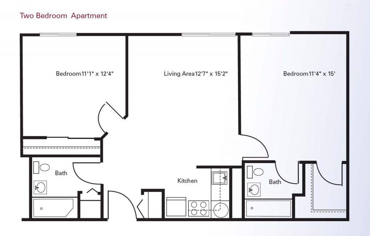 A floor plan of an apartment showing various rooms including a bedroom, living area, kitchen, and bathroom.