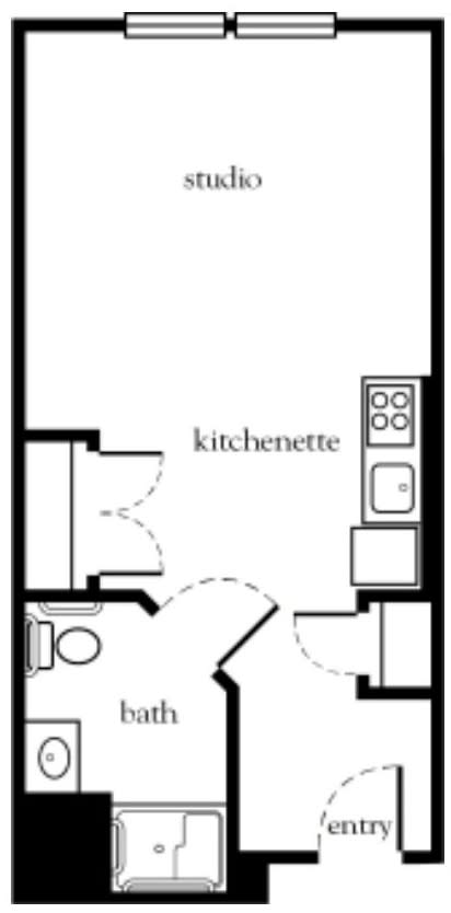 A simple floor plan featuring a kitchenette and bathroom.