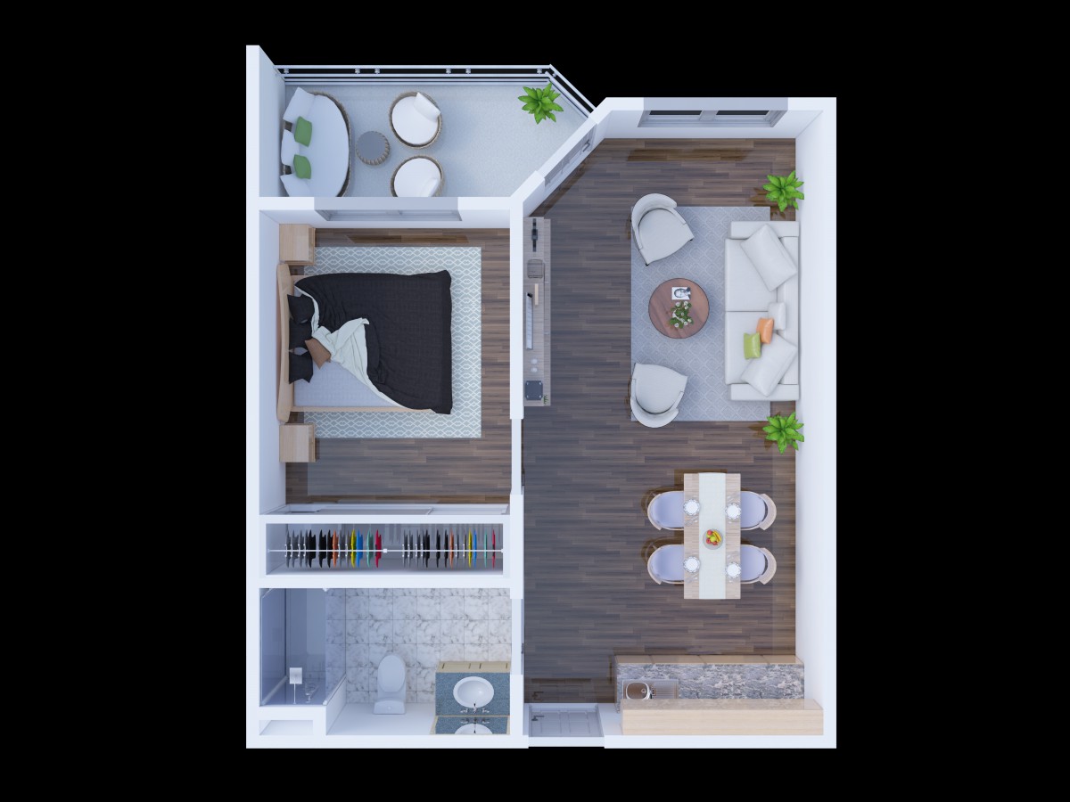 A modern one-bedroom apartment floor plan featuring a spacious living room, kitchen with dining area, bathroom, bedroom, and a balcony.