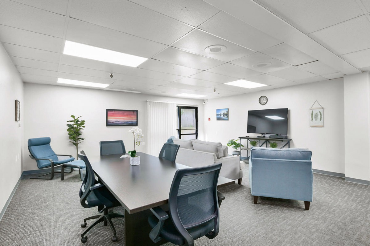 A modern office conference room featuring a large table, chairs, a television, and indoor plants.