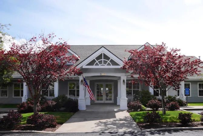 A welcoming building entrance with trees and an American flag.