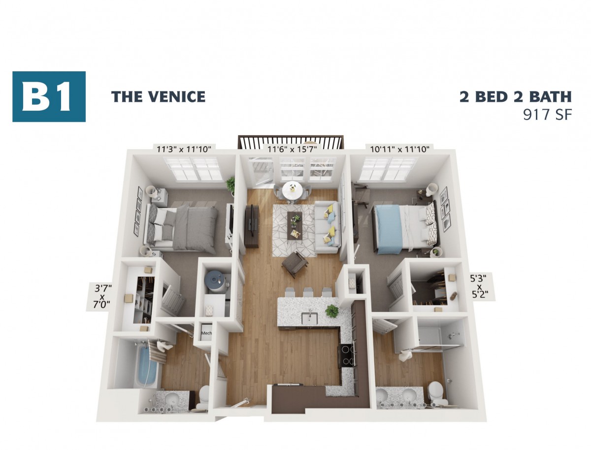 3D floor plan of 'The Venice' with two bedrooms and a modern open layout.
