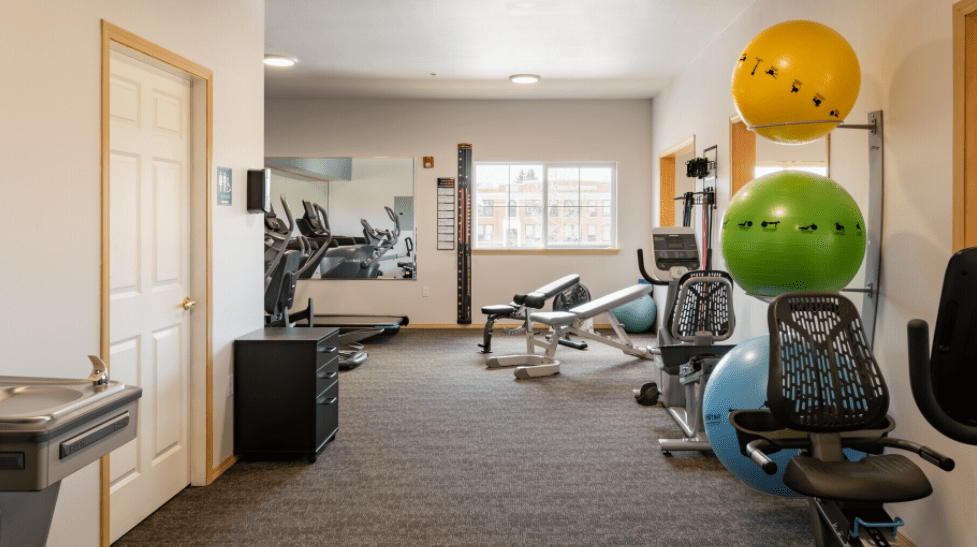 A modern gym setup featuring various exercise equipment, including treadmills, dumbbells, and yoga balls.
