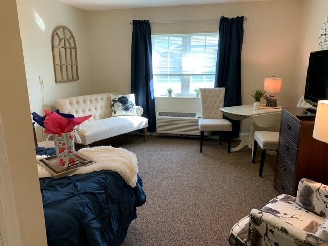 Cozy apartment living space with a sofa, bed, and dining area.