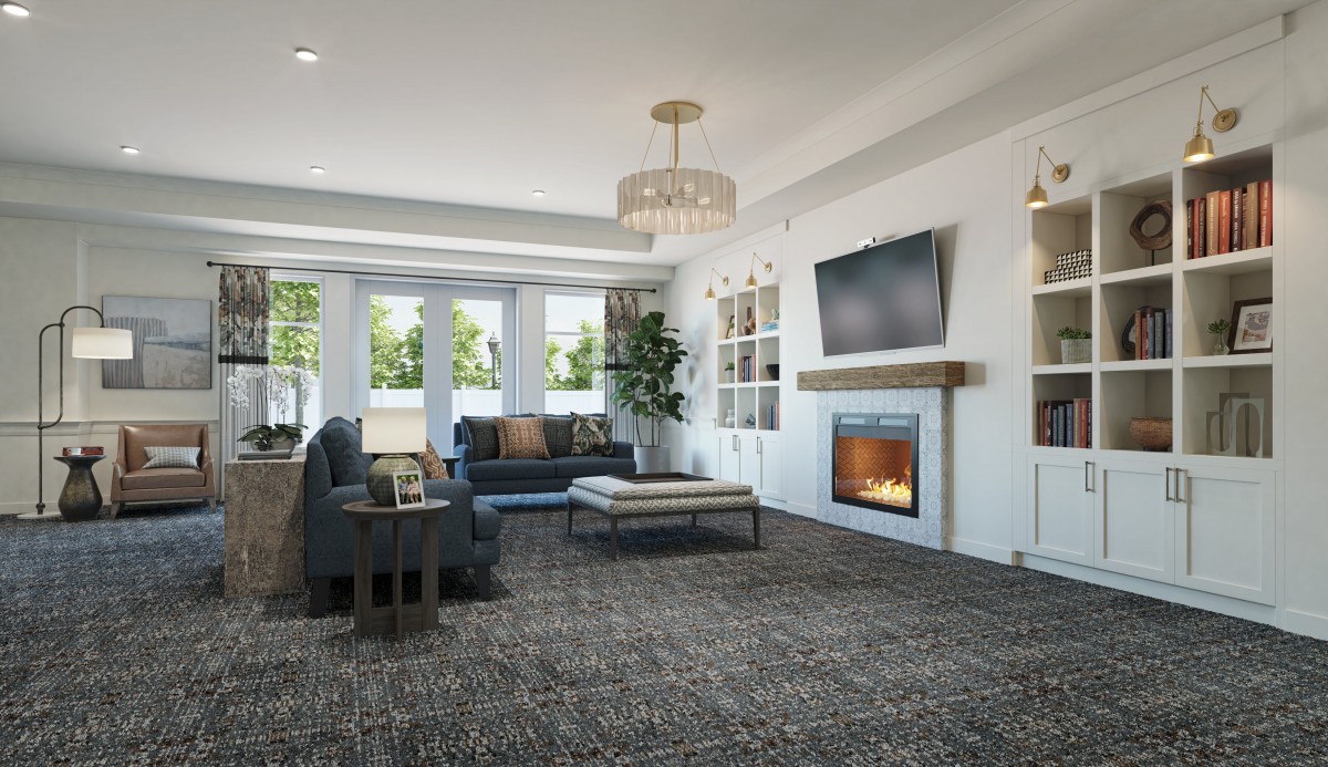 A modern living room featuring a cozy fireplace, stylish furniture, and large windows.