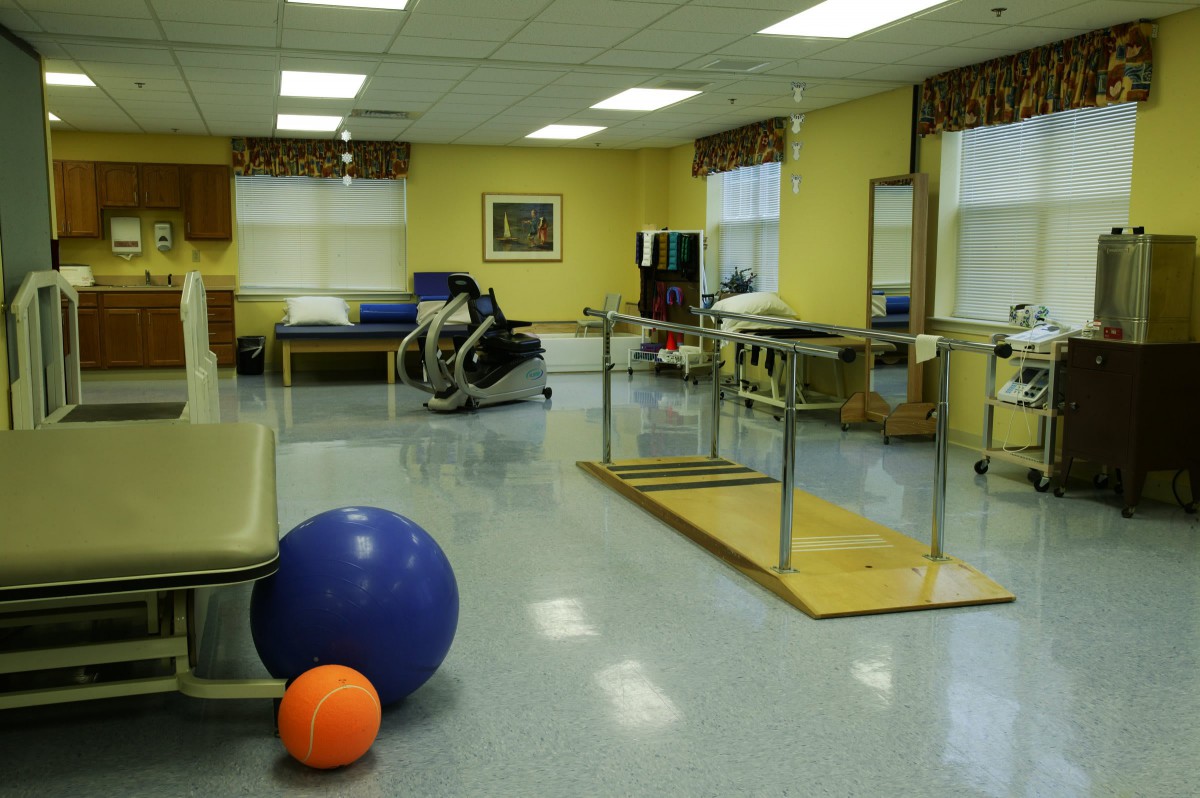 A well-equipped rehabilitation room featuring therapy balls and parallel bars.