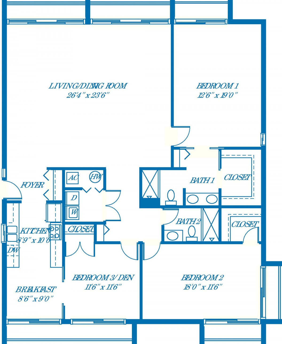 Blueprint of a three-bedroom apartment layout with labeled rooms and dimensions.