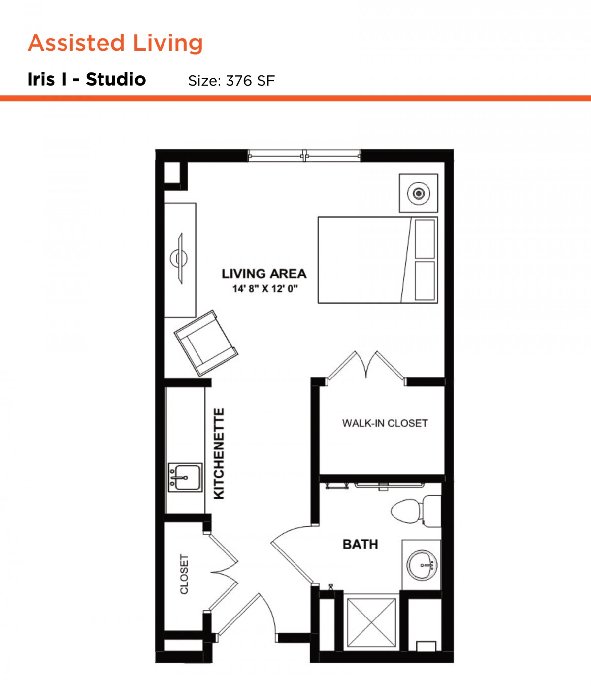 A floor plan of a studio apartment measuring 375 square feet.