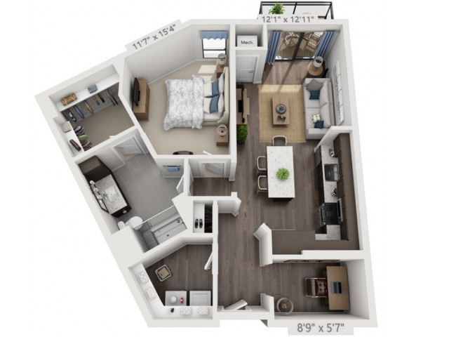 Floor plan of a modern one-bedroom apartment with living room, kitchen, and bathroom.