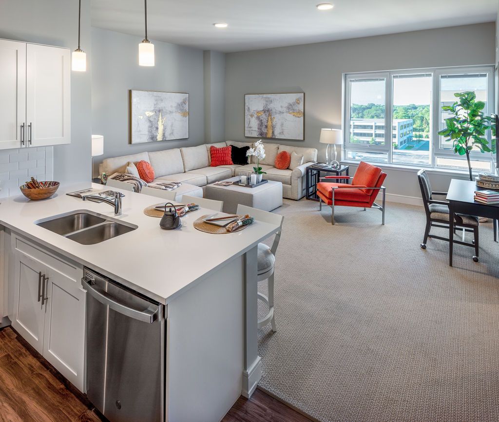 A modern open-concept kitchen and living room with stylish decor and contemporary furniture.