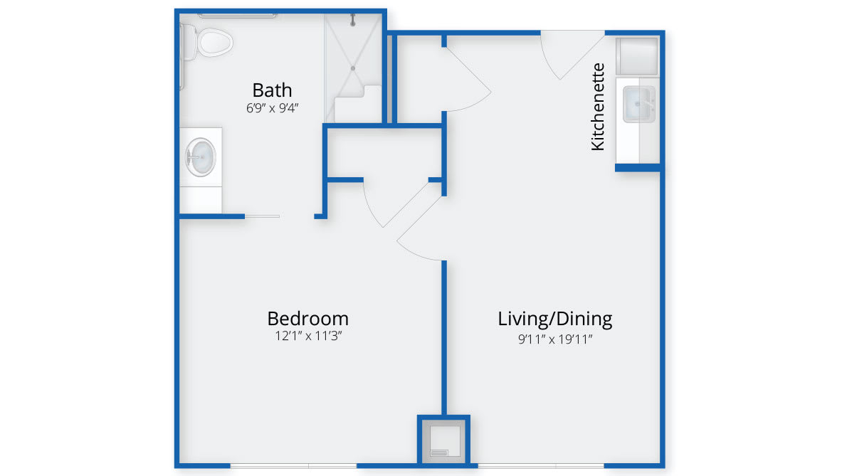 One-bedroom apartment floor plan with kitchen, living/dining area, and bathroom.