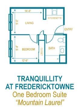 Floor plan of a one-bedroom suite at Tranquillity at Fredericktowne.