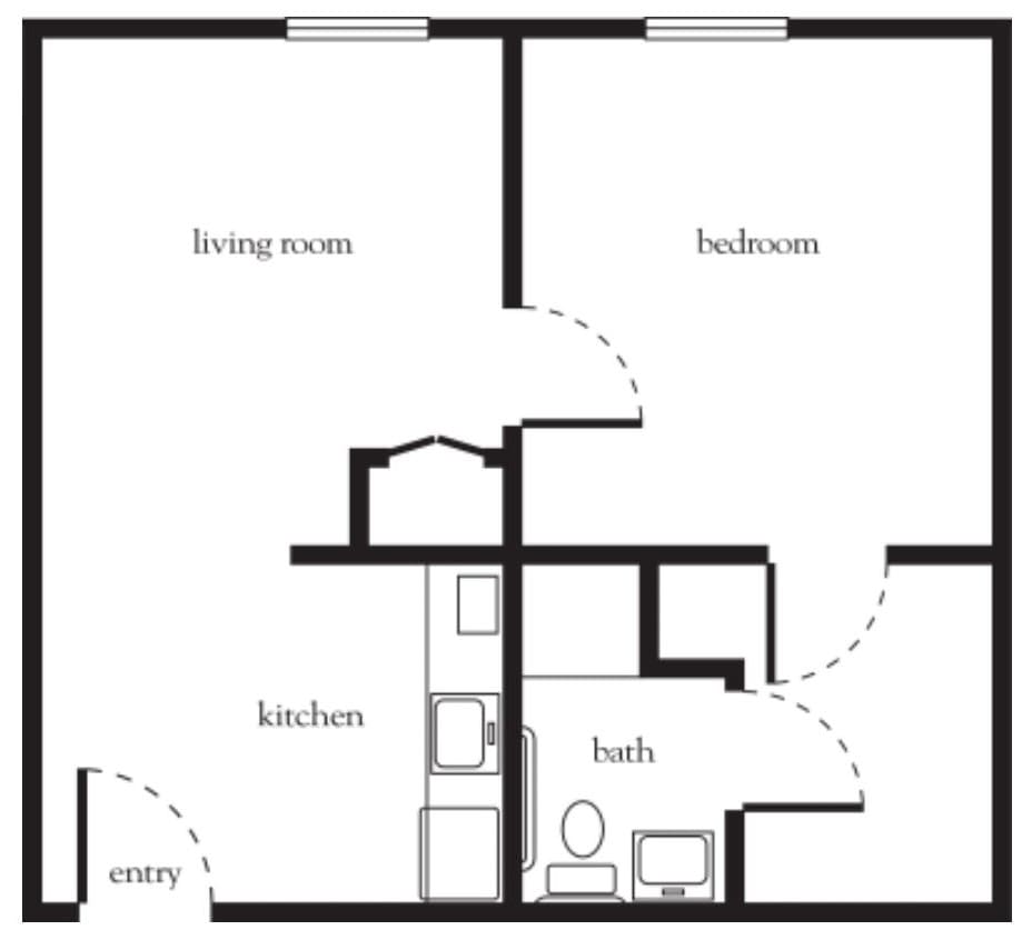 A simple floor plan of an apartment featuring a living room, bedroom, kitchen, and bathroom.