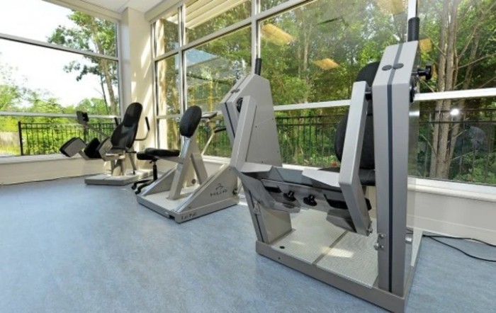 A modern gym with various exercise machines and large windows providing a scenic view.
