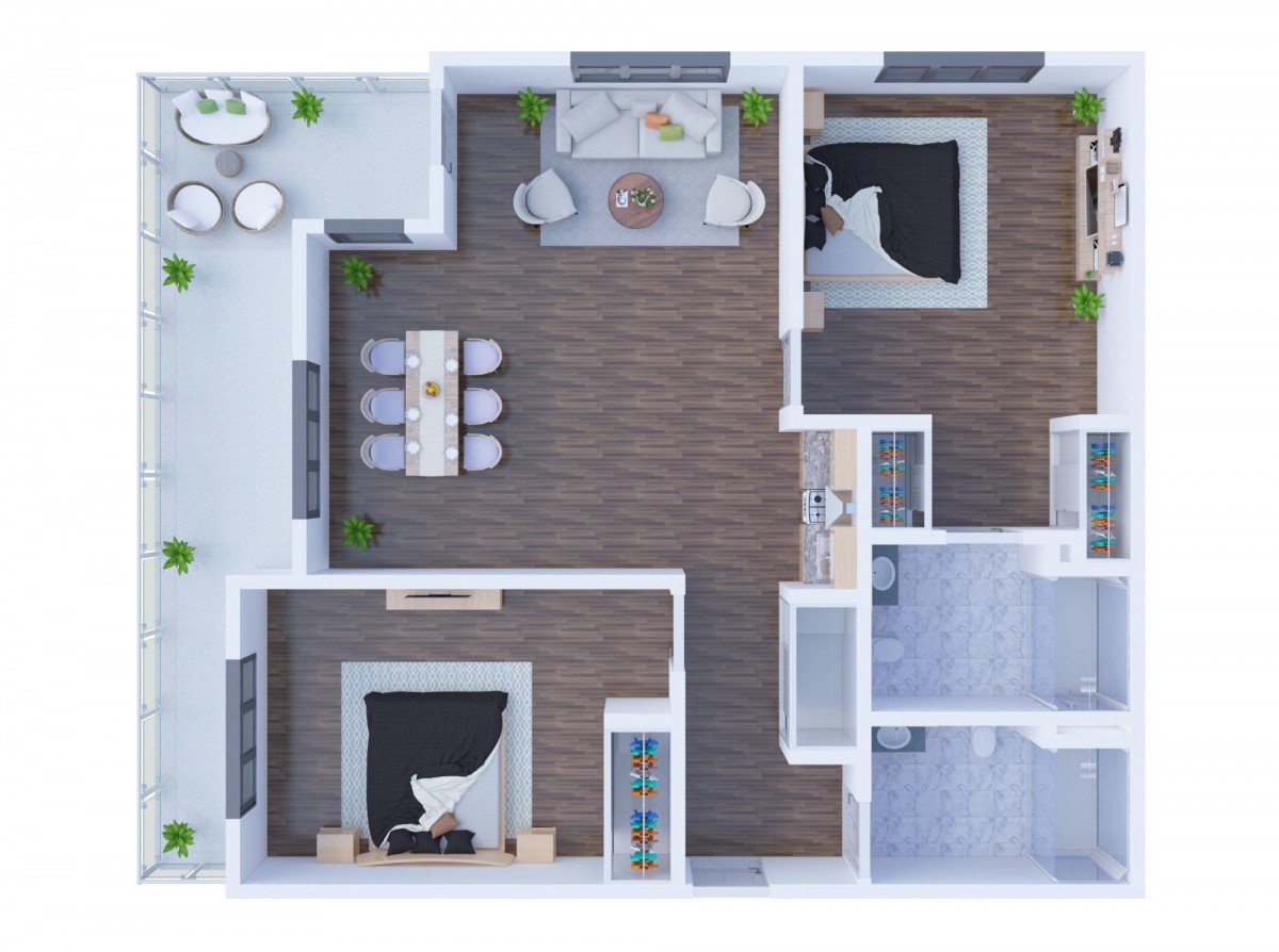 A detailed floor plan of a modern apartment featuring two bedrooms, a kitchen, dining area, and living space.