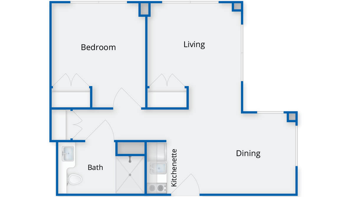A floor plan of an apartment showing the layout with labeled areas for bedroom, living room, dining area, bath, and kitchenette.