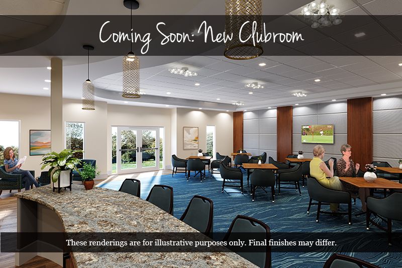 A modern clubroom with seating arrangements and stylish lighting, labeled as 'Coming Soon'.