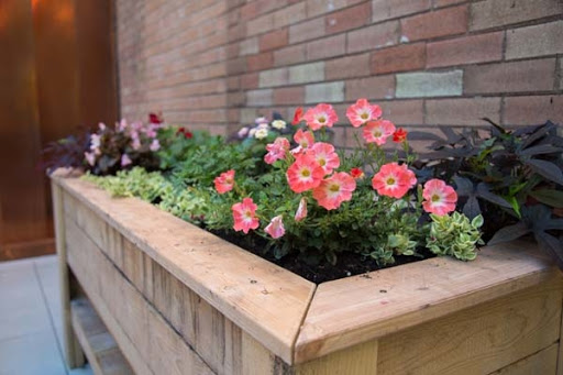 A vibrant display of flowers in a wooden planter against a brick wall.