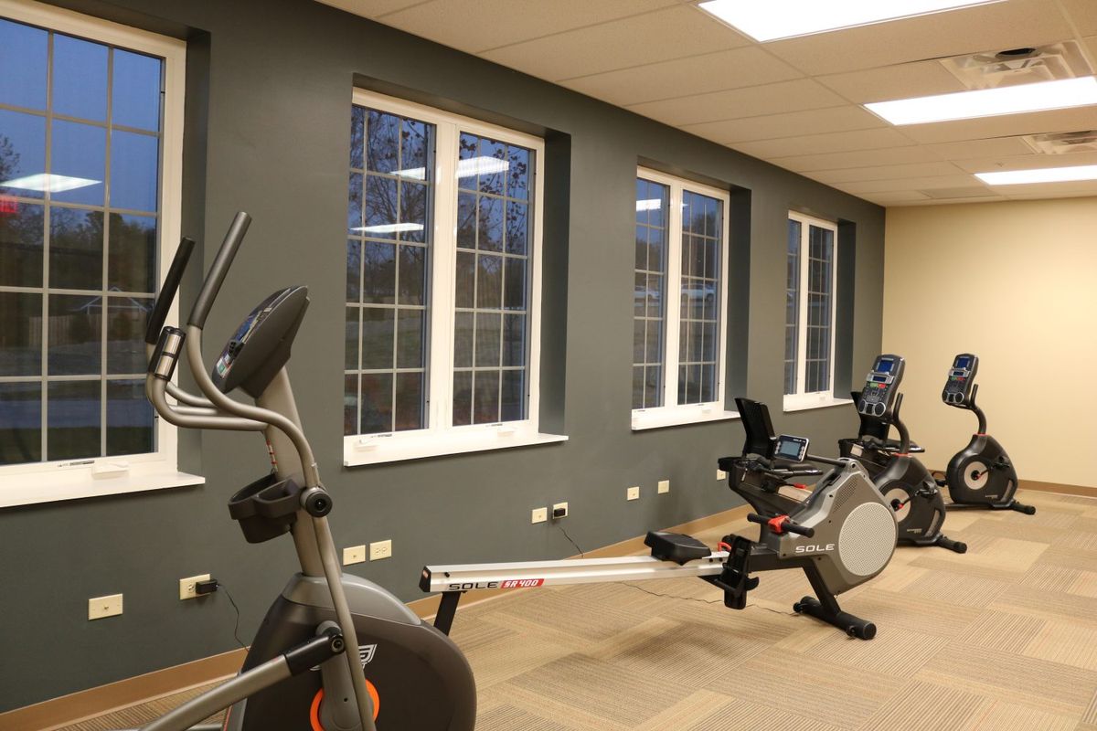 A modern gym with exercise bikes and a rowing machine by large windows.