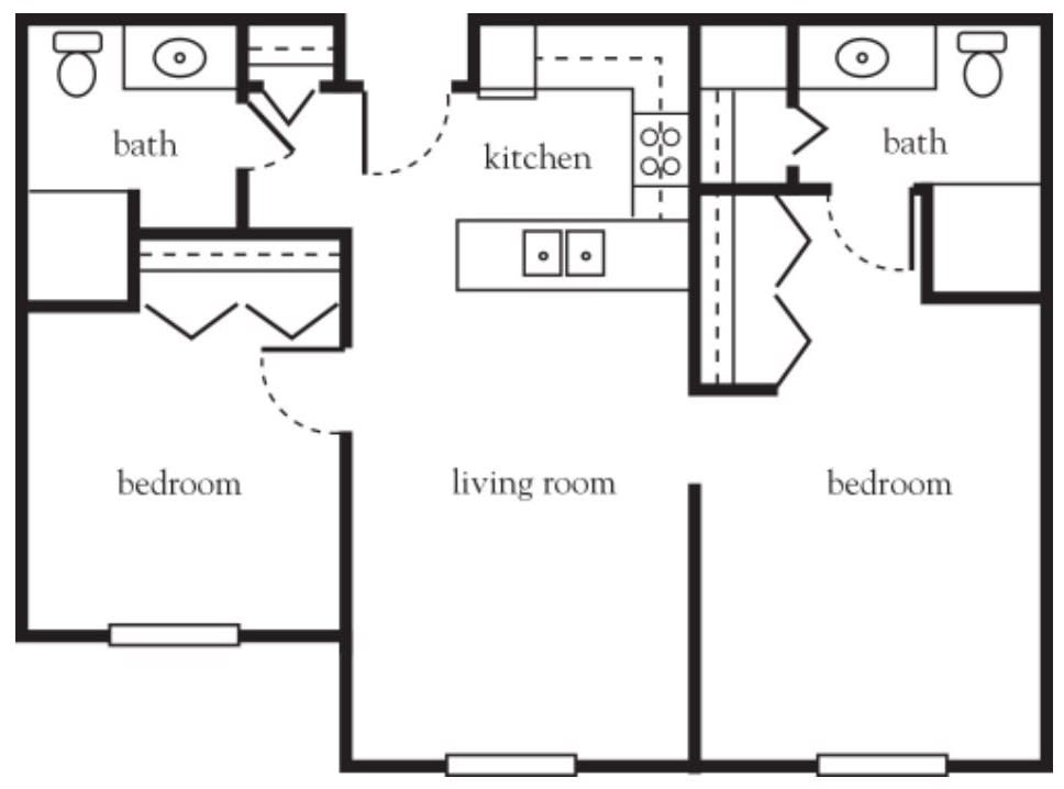 A floor plan of an apartment showing two bedrooms, two bathrooms, a kitchen, and a living room.