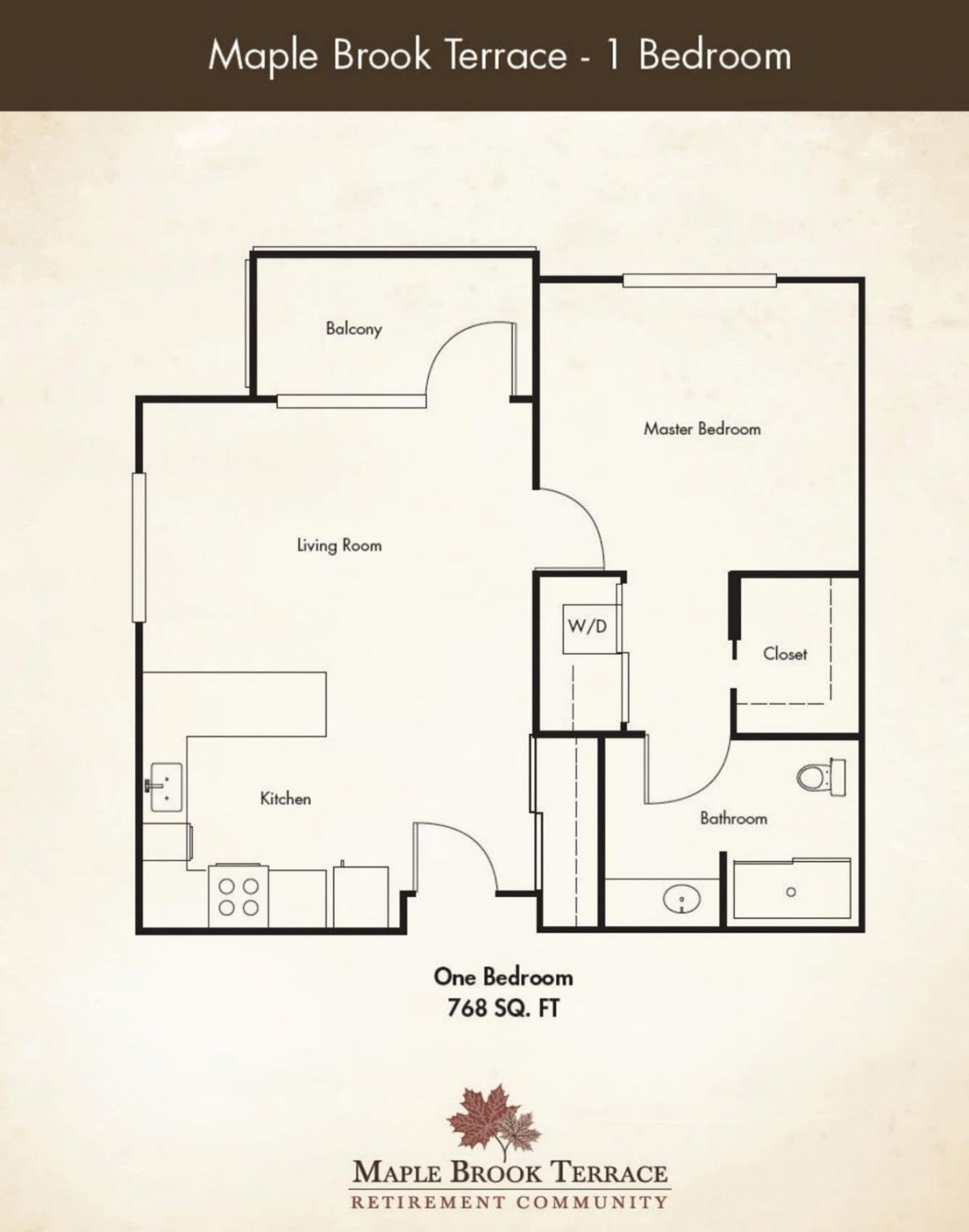 A floor plan of a one-bedroom apartment measuring 740 square feet.