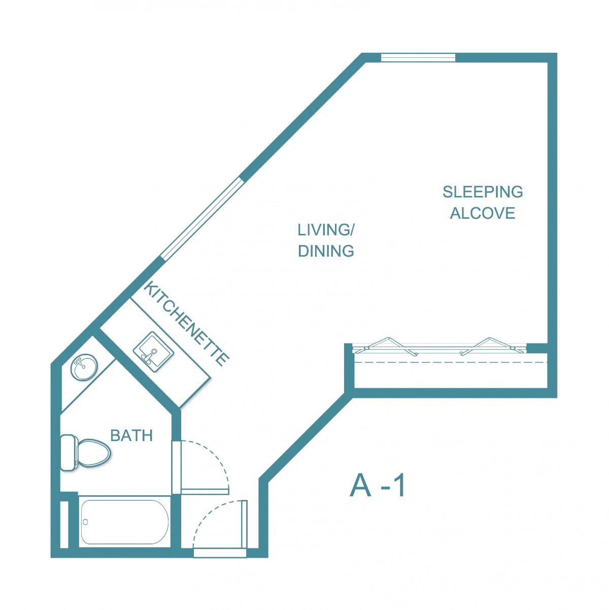 Studio apartment floor plan with a living/sleeping area, kitchenette, and bathroom.